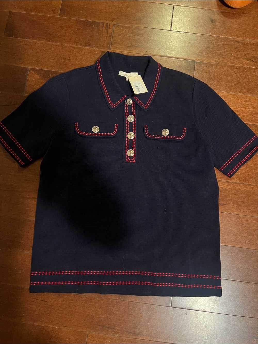NWT Maje Navy Blue Knit Polo Top Red Stitching Size 3